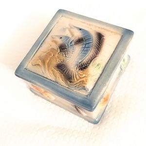 Vintage Nautical Trinket Box Mens Vanity Marlins Glazed Porcelain
